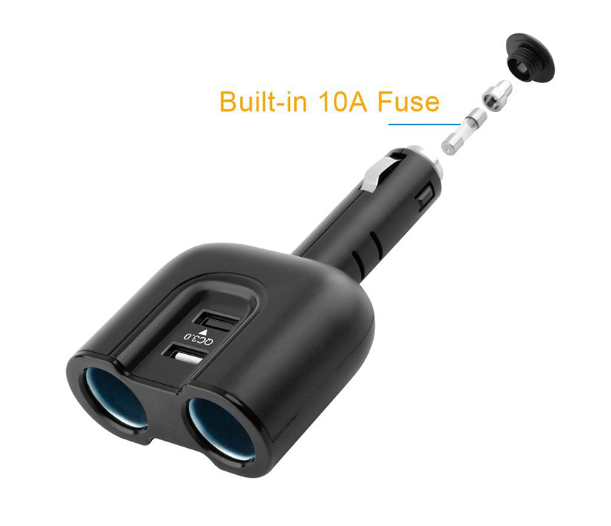 QCF210 QC 3.0 Car Charger with Dual Cigarette Socket & 1 Normal USB Port
